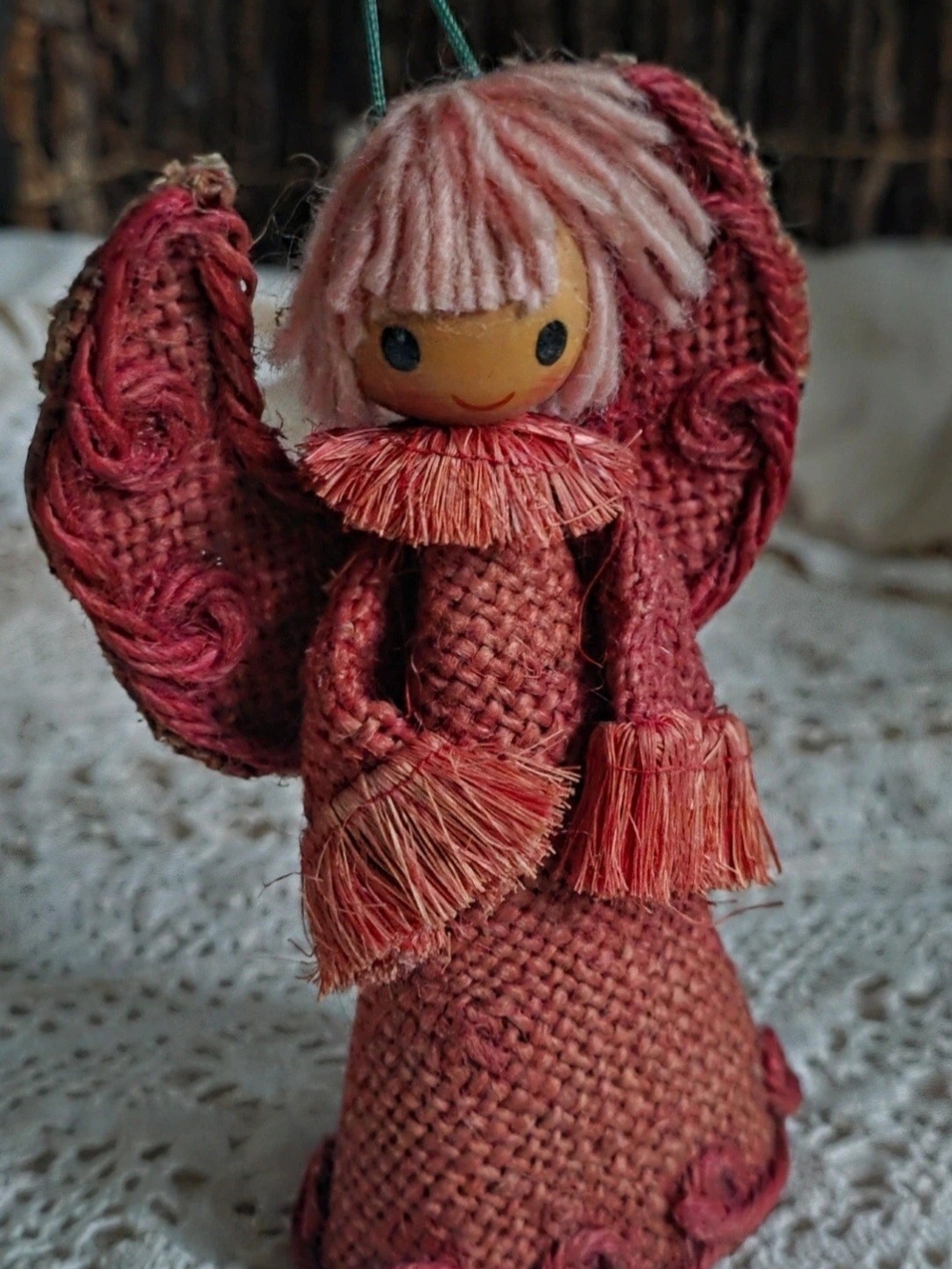 Handcrafted Pink Rustic Angel Ornament 5"×3", Paper, Rafia, Wood Head, Yarn Hair